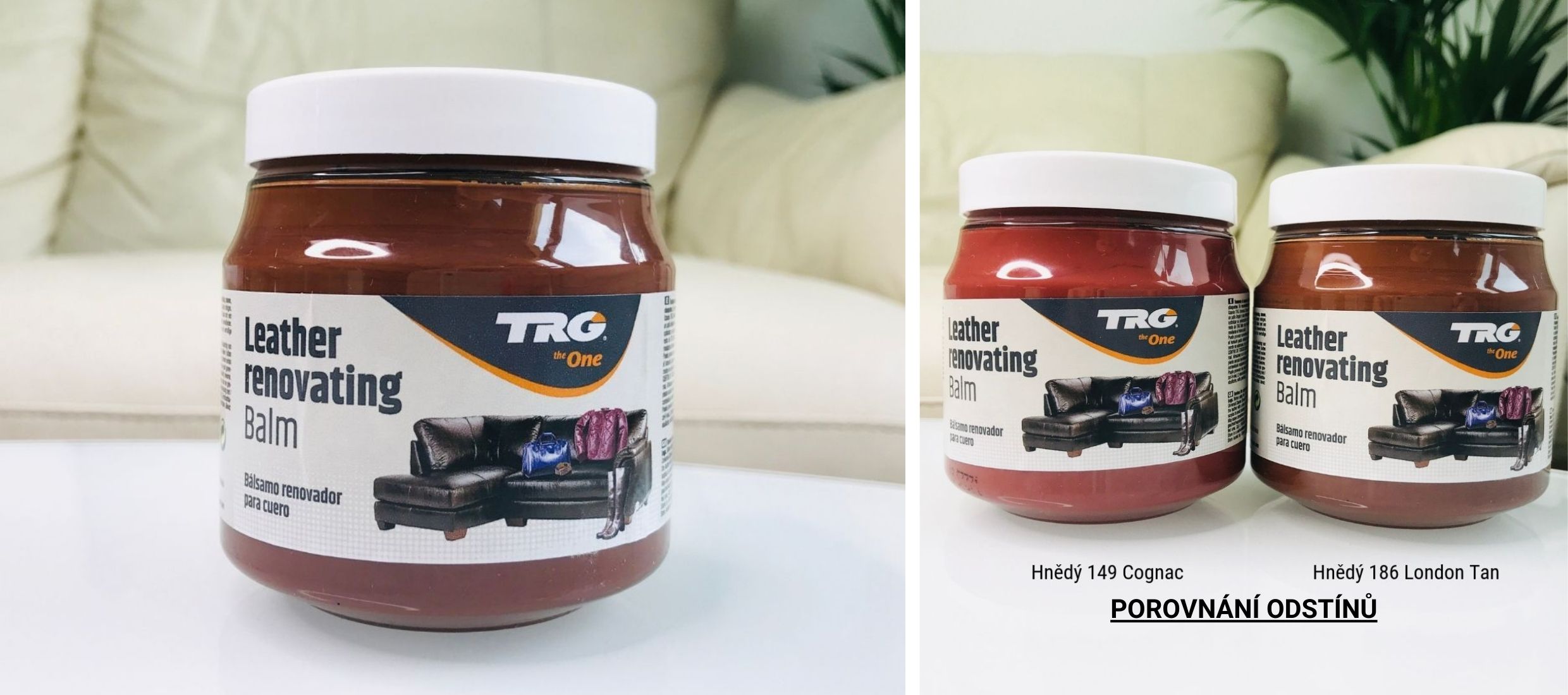 Porovnání odstínů London Tan 186 leather renovating balm Cognac 149 v praxi